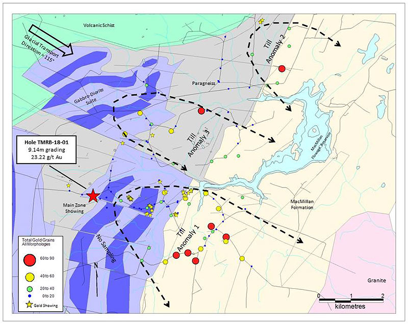 Figure 1 showing Gold in Till Anomalies at Highland Gold Property