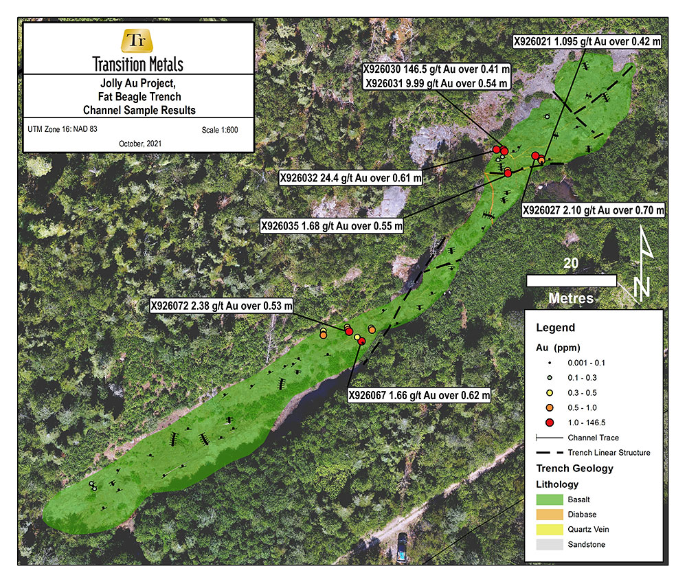 Figure 2. Fat Beagle trench map with channel sample highlights.