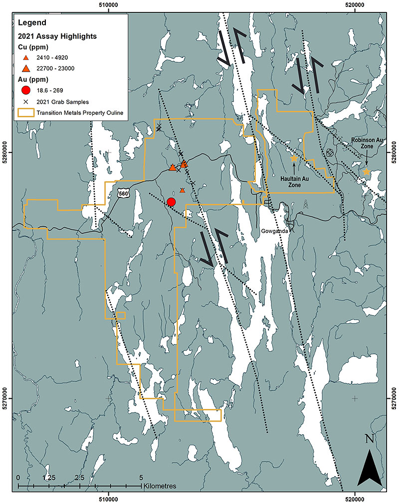 Figure 2: Property and grab sample location map, with interpreted structures exhibiting sinistral (left handed) displacement.