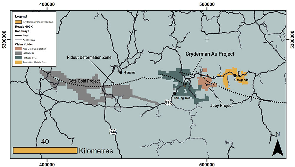 Figure 2. Regional property position in within the emerging Shinning Tree gold district.