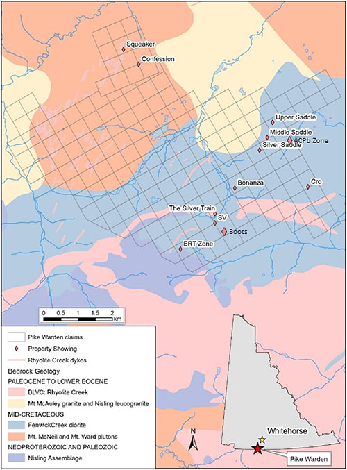 Figure 1: Geology and Showing Locations on the Pike Warden Property