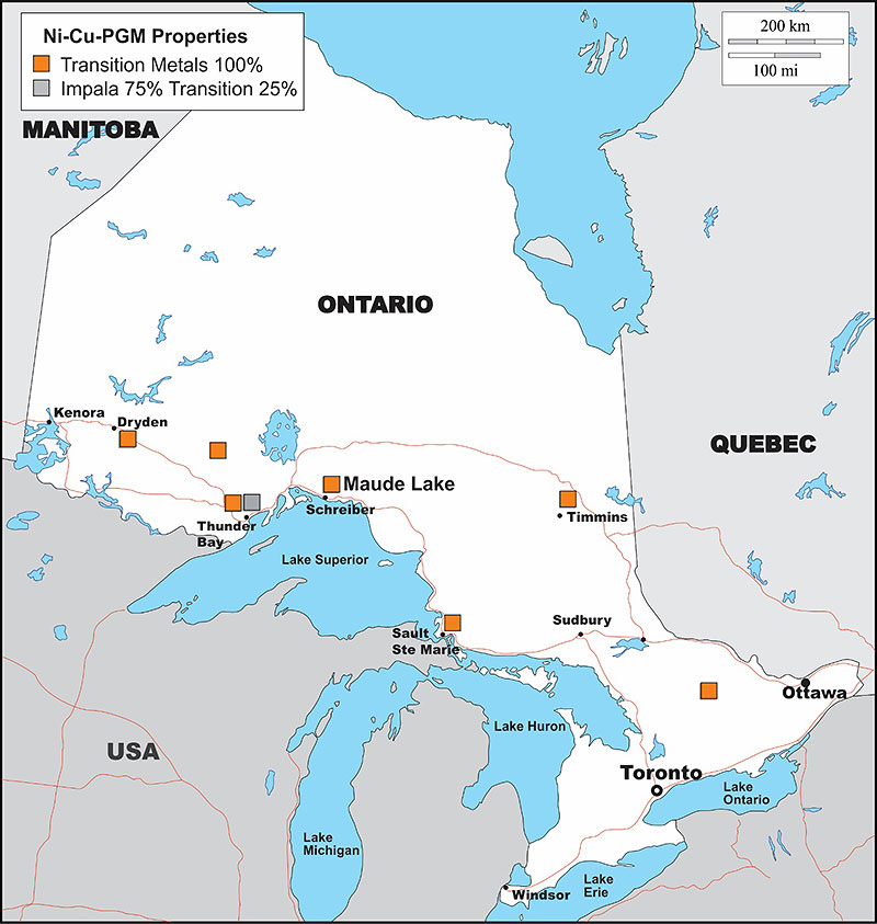 Figure 1: Location of the Maude Lake Property and Transition Metals Ni-Cu-PGM Projects