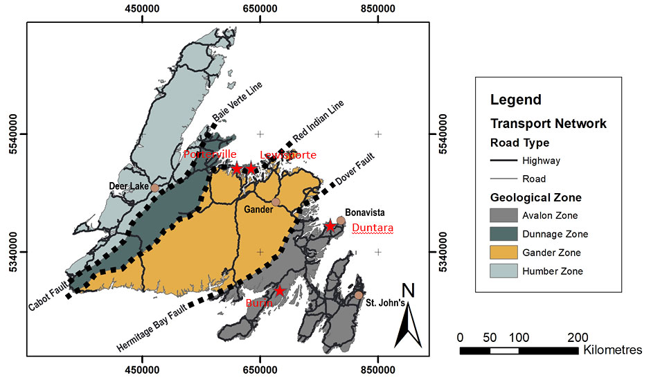 Figure 1. Location of Transition Metals Projects in Newfoundland