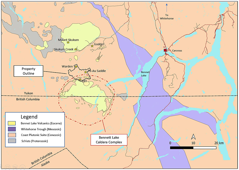 Figure 2: Property Outline, Deposits and Prospects Near the Bennett Lake Caldera Complex