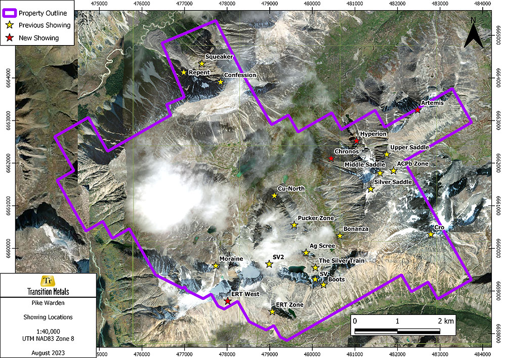 Figure 1 Pike Warden property scale map displaying new showings; Artemis, Hyperion, Chronos and ERT West