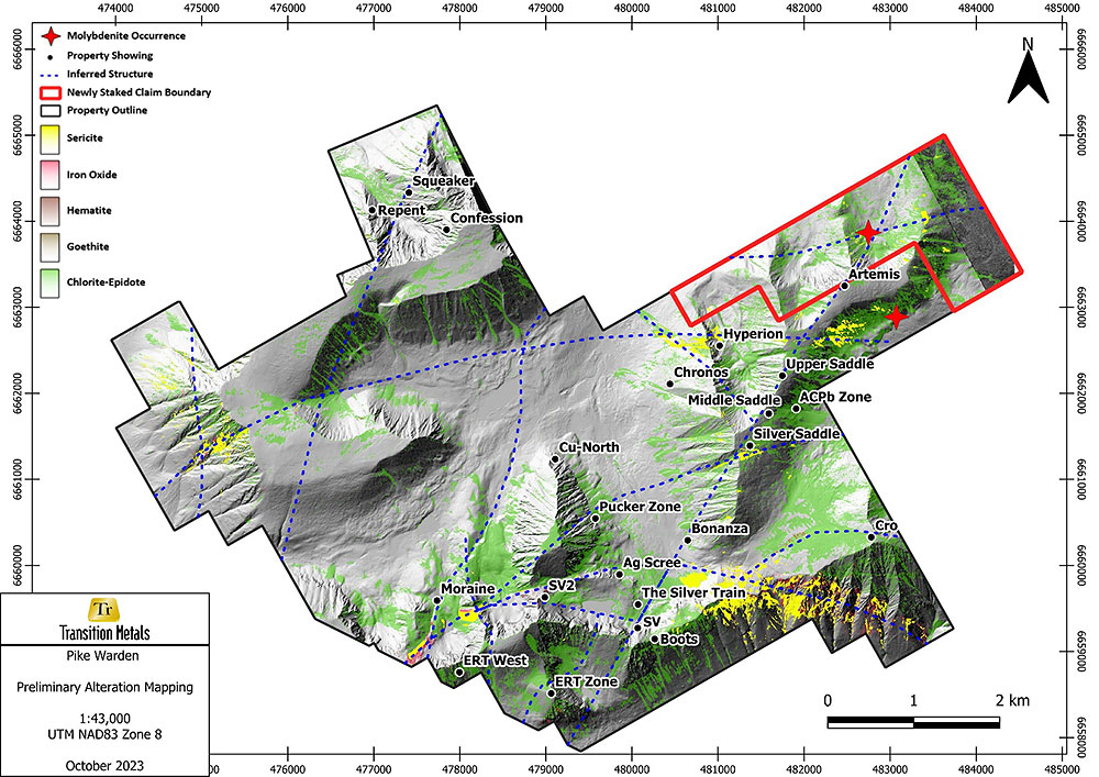 Figure 1: Pike Warden property scale preliminary alteration mapping figure, with prominent structural trends, highlighting polymetallic showings and new molybdenite occurrences