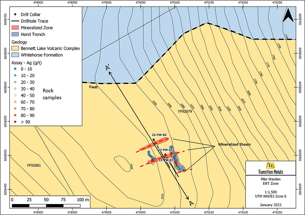 Figure 2: Plan map with geology, location of surface sampling, trenches and vertically projected drill hole traces