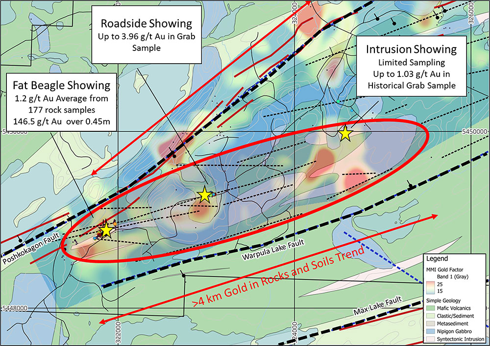 Figure 2. Target Compilation Map depicting Geology, showings, structures and MMI data