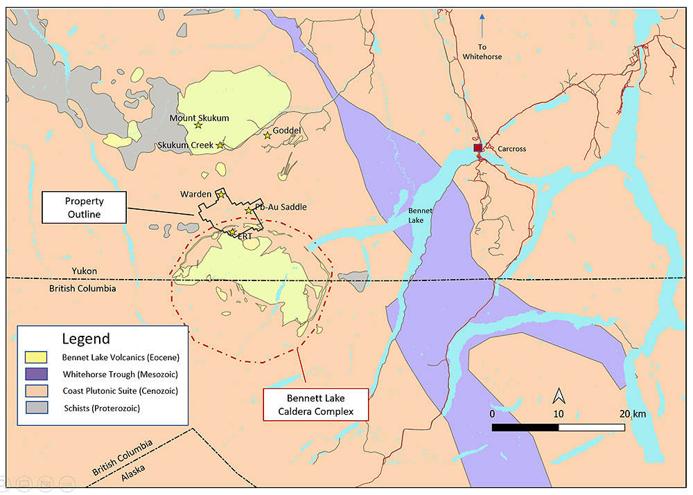 Figure 1: Geology and location of the Pike Warden Property and outline of the Bennett Lake Caldera Complex
