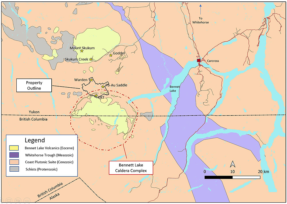 Figure 1: Geology and location of the Pike Warden Property and outline of the Bennett Lake Caldera Complex