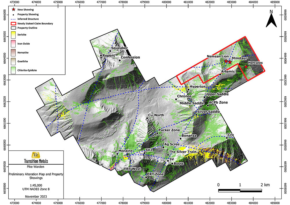 Figure 1: Pike Warden property scale preliminary alteration mapping figure, with prominent structural trends, highlighting polymetallic showings and new molybdenite occurrences.