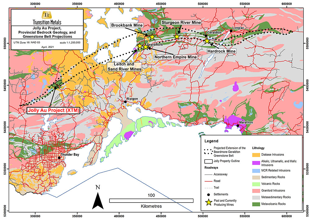 Figure 1. Regional Geological Map Showing Projected Extension of Geraldton-Beardmore Greenstone Belt and locations of major gold deposits and Transition Jolly Gold Property